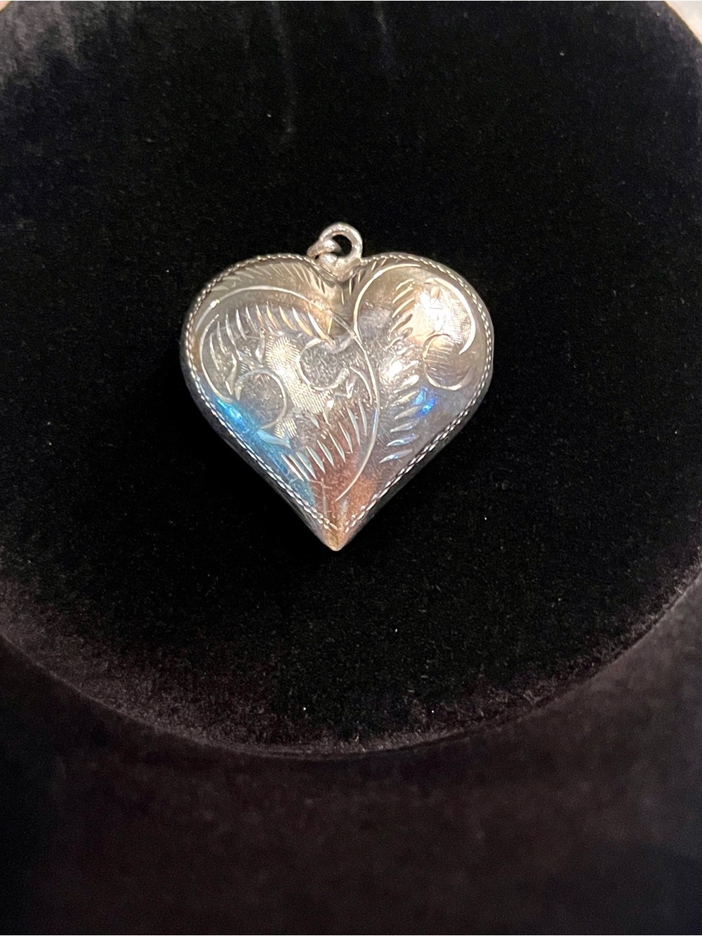 Vintage Sterling Silver Hand Etched Puffy Heart Pendant